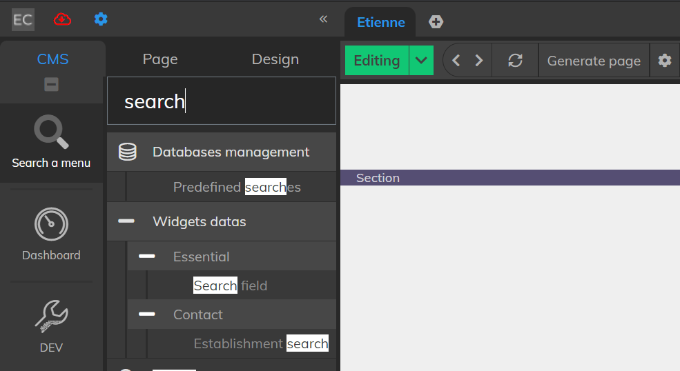 Recherche dans les menus du CMS